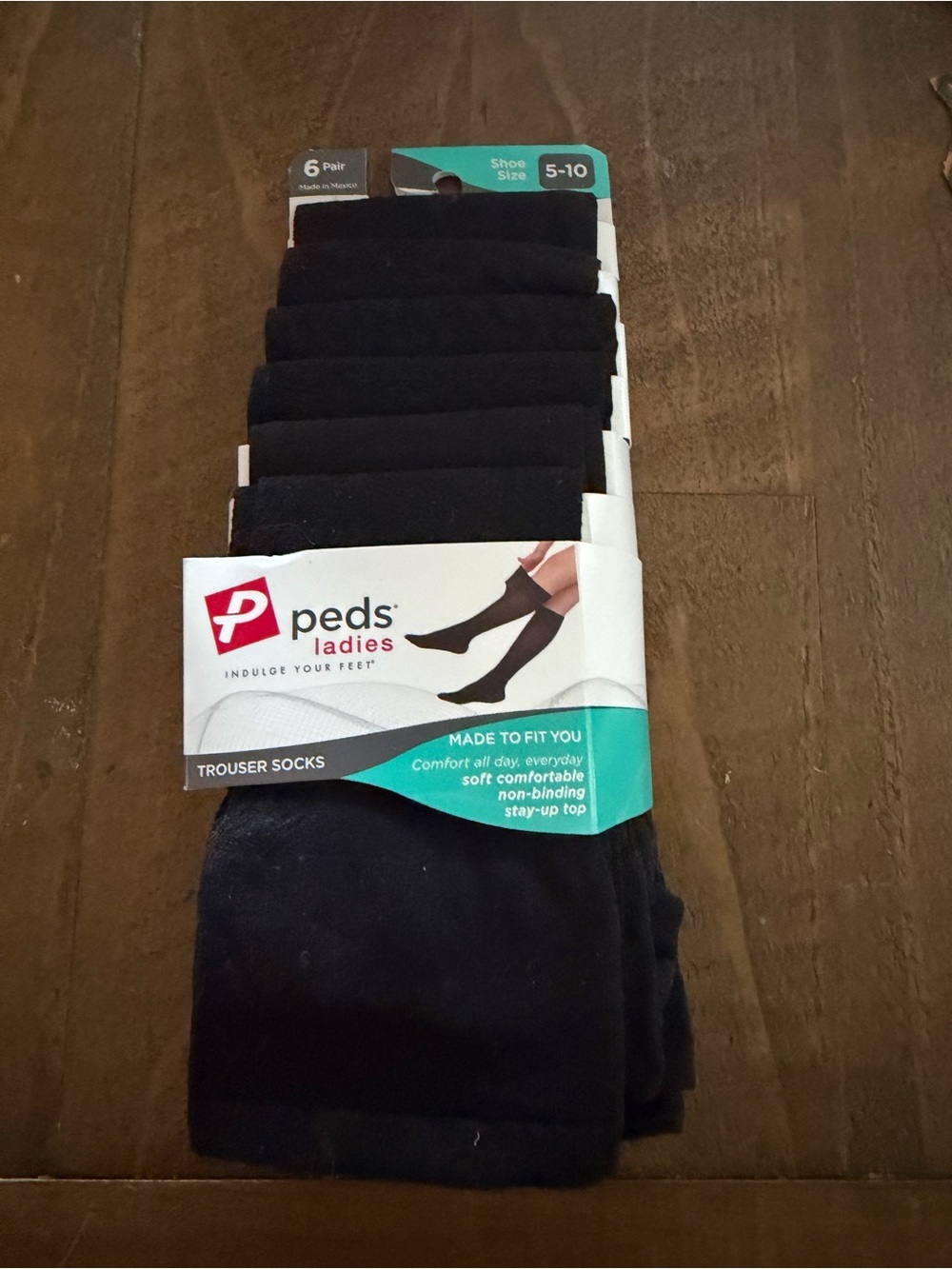 Peds Women’s Black Trouser Socks 6 Pairs Knee High Non-Binding Stay-Up 5-10